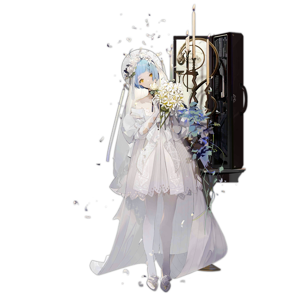 1girl ahoge alternate_costume arm_up bangs bare_shoulders black_choker blue_hair blunt_bangs bride candle choker closed_mouth dress elbow_gloves facing_viewer flower full_body girls_frontline gloves hair_flower hair_ornament headwear holding holding_flower looking_at_viewer nineo off-shoulder_dress off_shoulder official_art petals shoes short_hair solo standing thigh-highs transparent_background wedding_dress white_dress white_flower white_footwear white_gloves white_legwear yellow_eyes zas_m21_(girls_frontline)