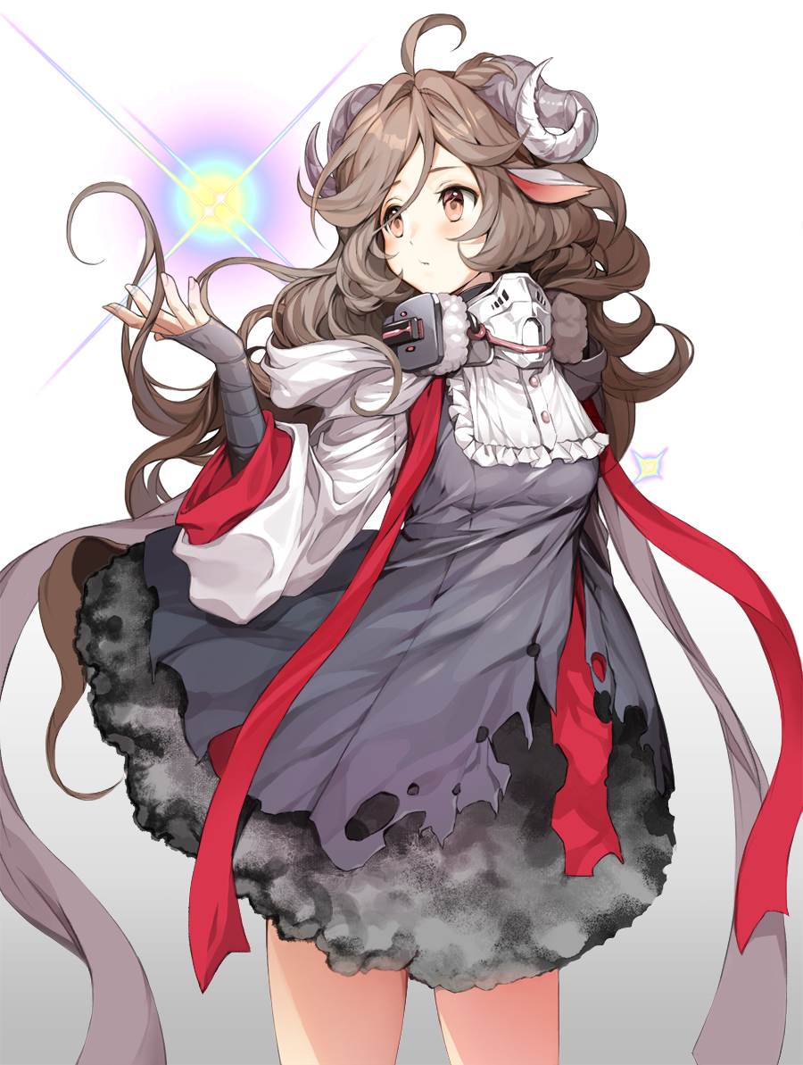 1girl ahoge animal_ears arknights blush brown_eyes brown_hair commentary cowboy_shot dress eyebrows_visible_through_hair eyjafjalla_(arknights) gradient gradient_background grey_background grey_dress hair_between_eyes hand_up horns long_hair long_sleeves puchipu sheep_ears sheep_horns short_dress solo standing white_background