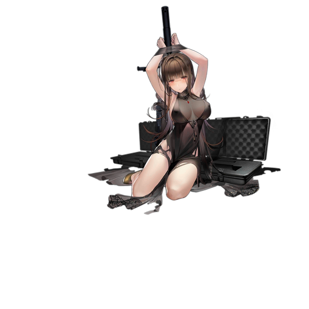 1girl alternate_costume armpits arms_up bangs black_hair blunt_bangs bound breasts brown_hair closed_mouth dress dsr-50_(girls_frontline) evening_gown girls_frontline gun jewelry liduke long_hair looking_at_viewer necklace neckwear official_art red_eyes shoes solo suitcase tied_up torn_clothes torn_dress transparent_background weapon yellow_footwear