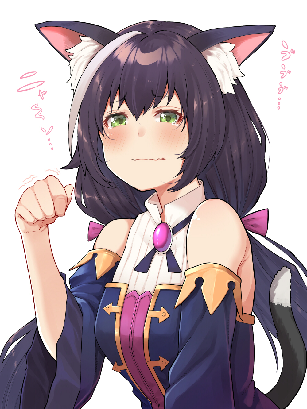 1girl animal_ear_fluff animal_ears bangs bare_shoulders black_hair blush breasts cat_ears cat_girl cat_tail commentary_request detached_sleeves eyebrows_visible_through_hair fangs green_eyes hair_between_eyes highres kyaru_(princess_connect) long_hair low_twintails mikan_(chipstar182) multicolored_hair princess_connect! princess_connect!_re:dive simple_background skin_fangs solo streaked_hair tail tearing_up translation_request twintails wavy_mouth white_background white_hair