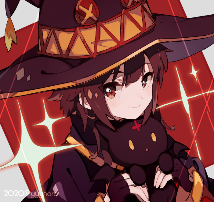 1girl bandages black_hair black_legwear blush breasts brown_hair cape captain_yue cat chomusuke dress fingerless_gloves gloves hat kono_subarashii_sekai_ni_shukufuku_wo! looking_at_viewer megumin red_dress red_eyes short_hair smile thigh-highs witch_hat