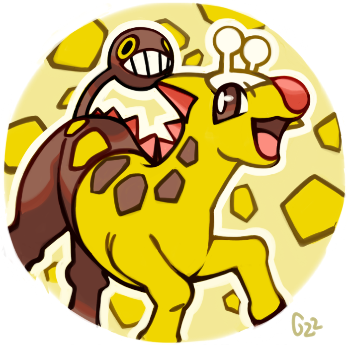 brown_eyes commentary creature english_commentary gen_2_pokemon girafarig grin no_humans pinkgermy pokemon pokemon_(creature) round_image signature smile solo yellow_eyes