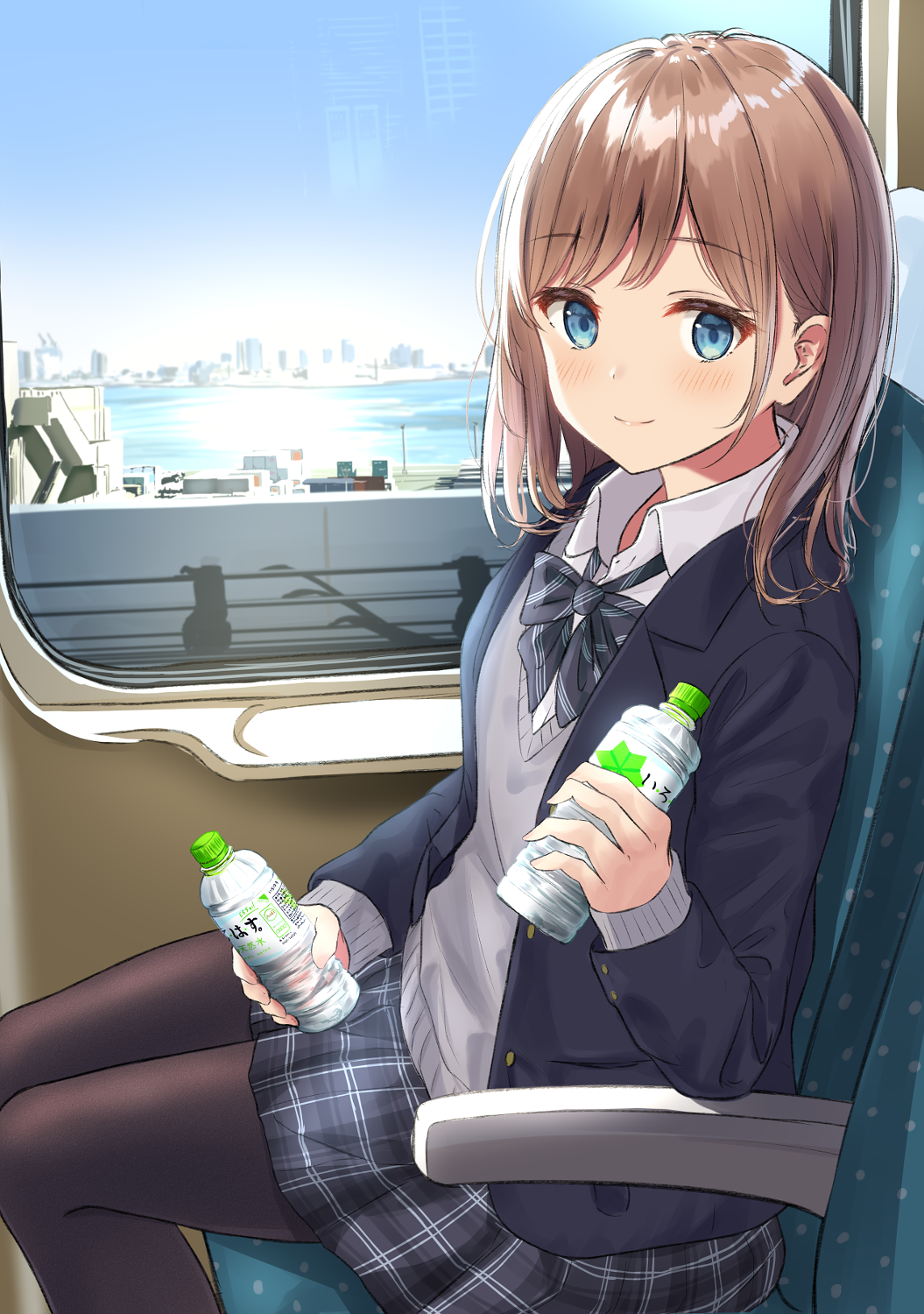 1girl black_legwear blazer blue_eyes blush bottle bow brown_hair burenbo copyright_request highres jacket looking_at_viewer medium_hair pantyhose school_uniform sitting skirt smile solo uniform water_bottle window