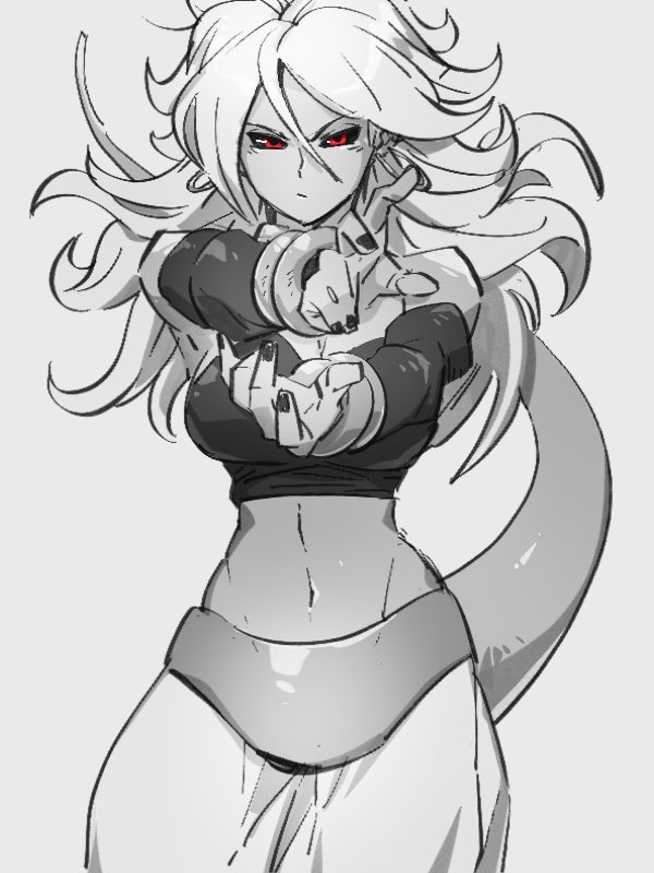 1girl android_21 black_nails black_sclera detached_sleeves dragon_ball dragon_ball_fighterz earrings grey_background greyscale hair_between_eyes hoop_earrings jewelry kemachiku long_hair looking_at_viewer majin_android_21 midriff monochrome nail_polish navel simple_background solo tail