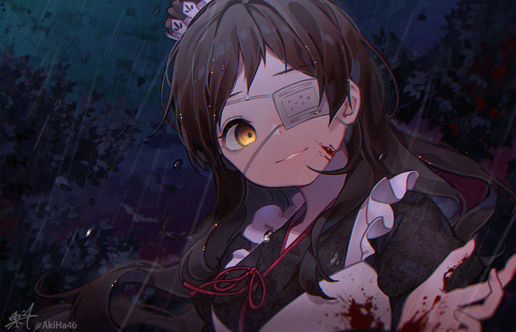 1girl apron black_kimono blood bloody_clothes bloody_hands brown_eyes brown_hair commentary_request eyebrows_visible_through_hair eyepatch frilled_apron frills idolmaster idolmaster_million_live! japanese_clothes kimono kitazawa_shiho kuri_choko long_hair looking_at_viewer medical_eyepatch night outdoors parted_lips rain red_ribbon ribbon signature solo tree twitter_username upper_body white_apron
