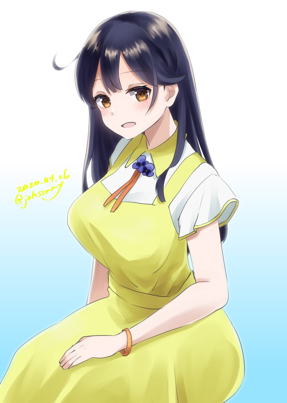 1girl ahoge black_hair blue_background brown_eyes commentary_request dated dress feet_out_of_frame gradient gradient_background highres johssnny kantai_collection long_hair looking_at_viewer sitting smile solo twitter_username ushio_(kantai_collection) white_background yellow_dress