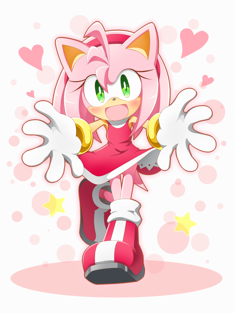 1girl :d amy_rose blush boots bracelet dress eyelashes full_body gloves green_eyes hairband heart heart_print hedgehog hedgehog_ears hedgehog_girl hedgehog_tail jewelry leg_up looking_at_viewer neru_(neruneruru) open_mouth outline outstretched_arms pink_hair pink_hairband smile solo sonic_the_hedgehog star star_print