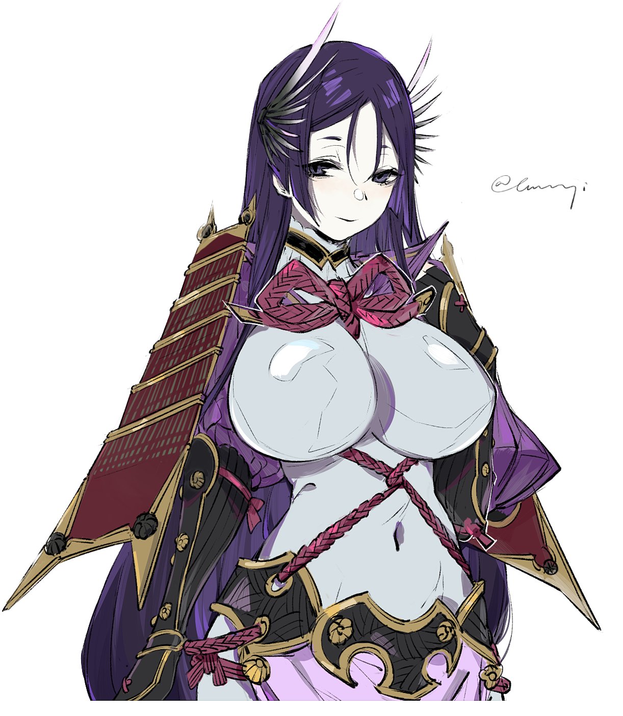 1girl armlet bangs black_gloves bodysuit breasts chuzenji covered_navel curvy fate/grand_order fate_(series) gloves highres large_breasts long_hair minamoto_no_raikou_(fate/grand_order) parted_bangs purple_bodysuit purple_hair ribbed_sleeves rope smile solo upper_body very_long_hair violet_eyes