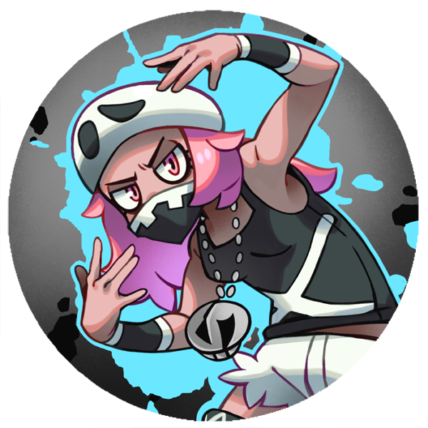1girl black_shirt breasts commentary english_commentary long_hair looking_at_viewer pink_eyes pink_hair pinkgermy pokemon pokemon_(game) pokemon_sm round_image shirt short_shorts shorts sleeveless sleeveless_shirt small_breasts team_skull team_skull_grunt team_skull_uniform white_headwear white_shorts