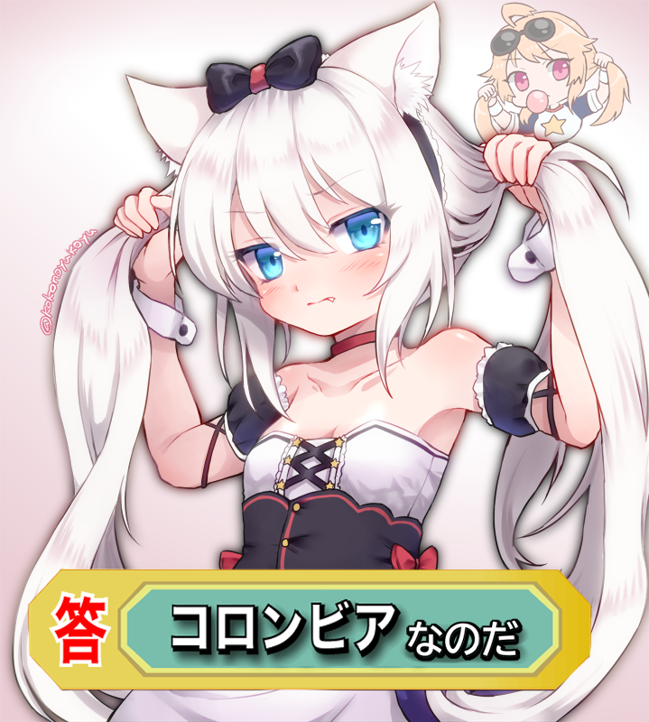 2girls ahoge animal_ear_fluff animal_ears apron arms_up azur_lane bangs bare_shoulders black_bow black_dress blonde_hair blue_eyes blush bow breasts bubble_blowing cameo cat_ears cat_hair_ornament chewing_gum choker closed_mouth collarbone colombia_pose columbia_(azur_lane) commentary_request detached_sleeves dress eyebrows_visible_through_hair eyewear_on_head fang fang_out gradient gradient_background hair_between_eyes hair_bow hair_ornament hammann_(azur_lane) holding holding_hair long_hair looking_at_viewer meme multiple_girls nanopai_kakumeikokonoyu puffy_detached_sleeves puffy_sleeves raglan_sleeves red_choker retrofit_(azur_lane) shirt sidelocks simple_background small_breasts solo_focus standing star star_print strapless strapless_dress sunglasses t-shirt translation_request twitter_username upper_body very_long_hair waist_apron white_apron white_background white_hair wristband