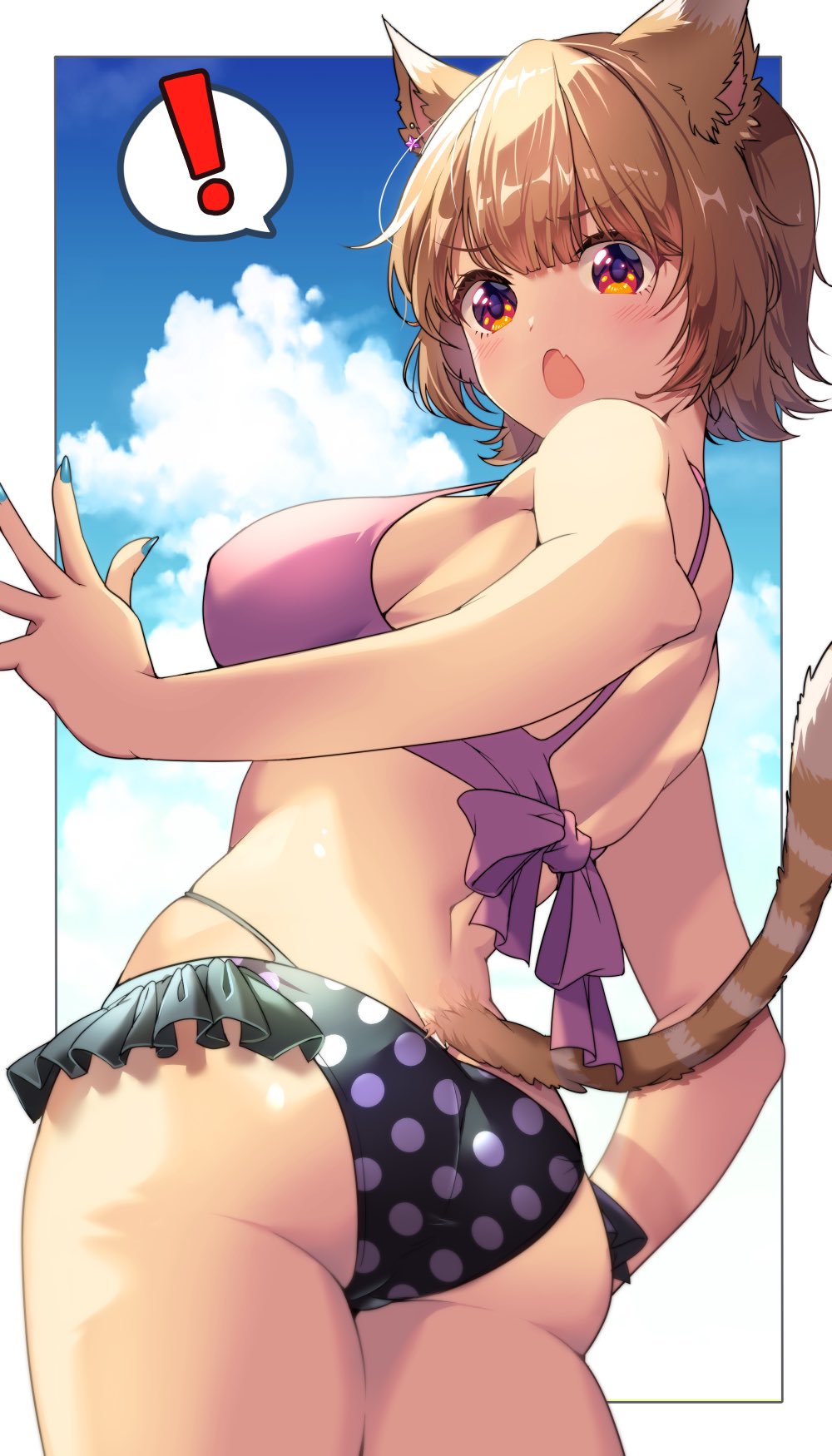 ! 1girl :o animal_ears ass bare_arms bare_shoulders bikini black_bikini blue_nails breasts brown_hair clouds cowboy_shot fang fujiya_takao highres large_breasts looking_at_viewer mismatched_bikini multi-strapped_bikini nail_polish open_mouth original polka_dot polka_dot_bikini purple_bikini red_eyes short_hair solo spoken_exclamation_mark strap_gap swimsuit tail thighs tiger_ears tiger_girl tiger_tail