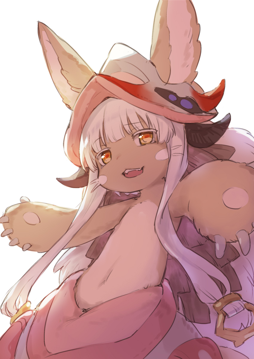 1other :3 :d ame8desu animal_ears bangs blunt_bangs cowboy_shot eyebrows_visible_through_hair fangs fur furry hat highres looking_at_viewer made_in_abyss nanachi_(made_in_abyss) navel open_mouth outstretched_arms pants paws sidelocks simple_background smile upper_body whiskers white_background white_hair yellow_eyes