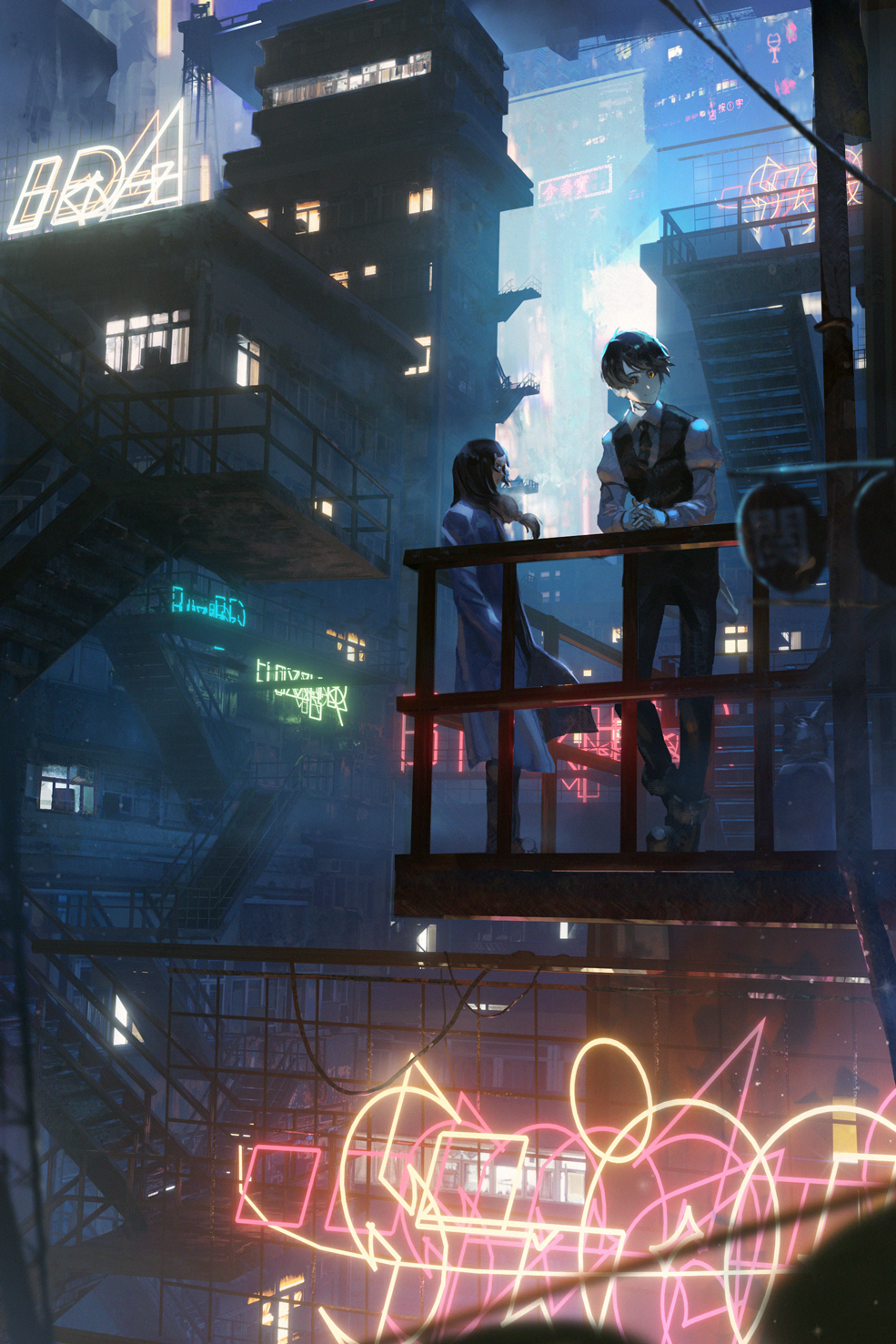 1boy 1girl android betty_(va-11_hall-a) building city city_lights cityscape commentary_request cyberpunk deal_(va-11_hall-a) highres labcoat long_hair neon_lights night ozaki_(sn_ozk) road_sign short_hair sign stairs va-11_hall-a