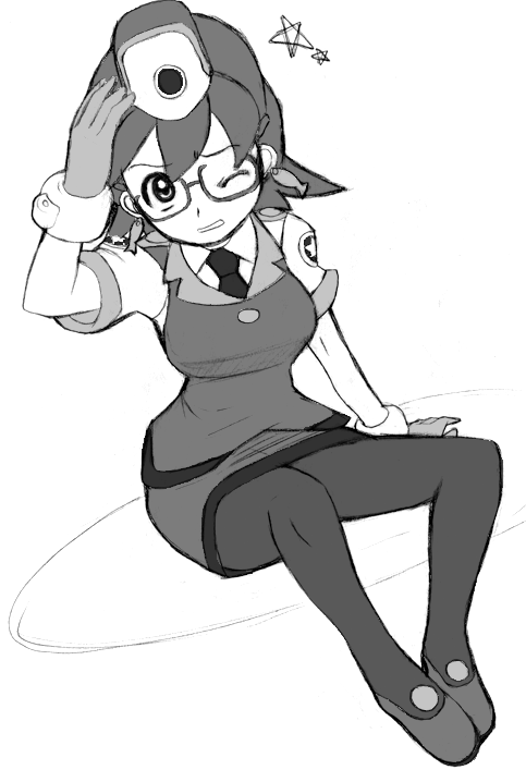 1girl alchera breasts denise_marmalade earrings full_body glasses gloves graphite_(medium) greyscale hat jewelry miniskirt monochrome necktie pantyhose police police_uniform rockman rockman_dash short_hair skirt solo traditional_media tron_ni_kobun uniform