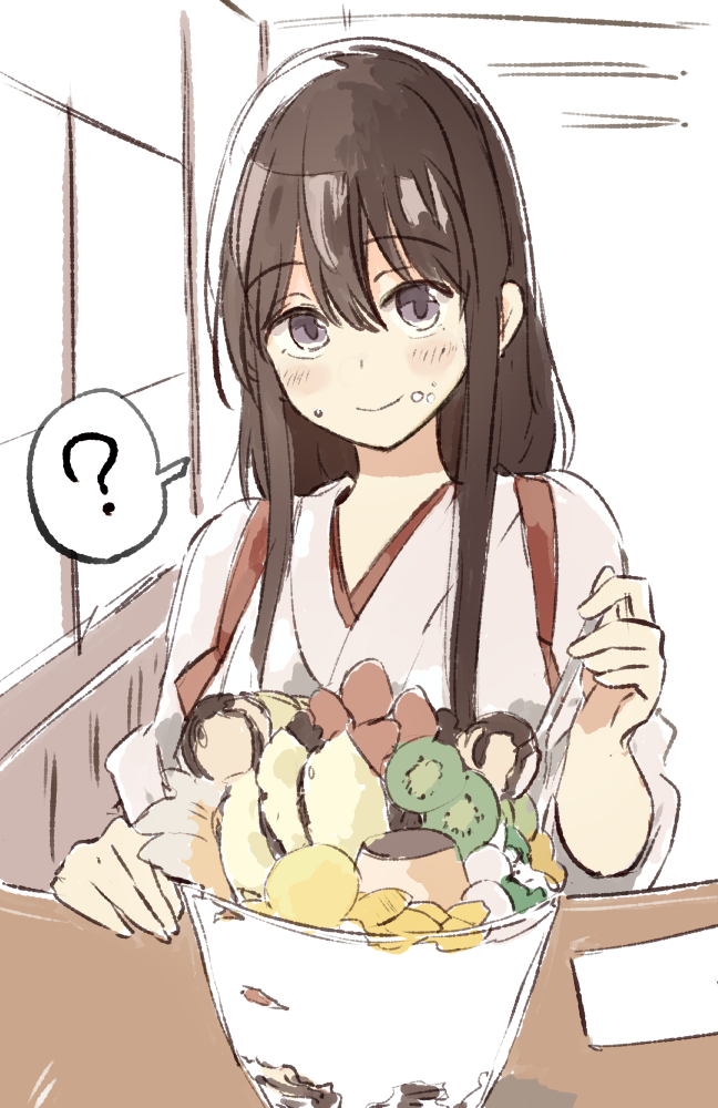 1girl ? akagi_(kantai_collection) blush brown_hair eyebrows_visible_through_hair food food_on_face fruit holding holding_spoon japanese_clothes kantai_collection kiwifruit long_hair parfait pudding solo speech_bubble spoken_question_mark spoon straight_hair strawberry takamachiya tasuki upper_body violet_eyes