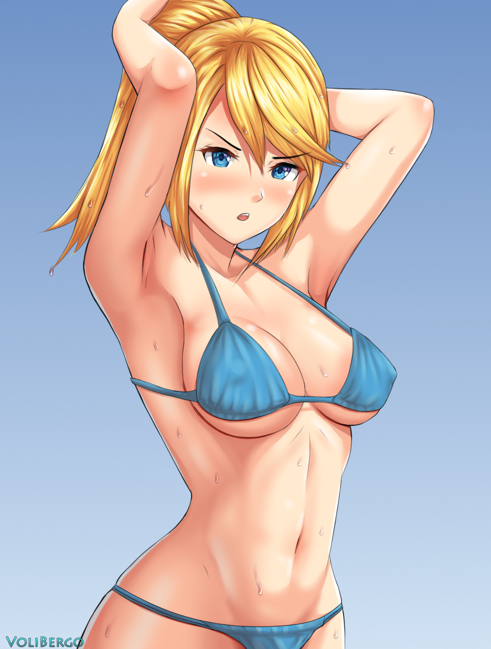 1girl armpits arms_up artist_name bikini blonde_hair blue_background blue_bikini blue_eyes blush breasts collarbone gradient gradient_background groin hair_between_eyes halterneck high_ponytail highres large_breasts long_hair metroid navel open_mouth samus_aran shiny shiny_hair sideboob solo standing sweater swimsuit under_boob upper_body volibergo