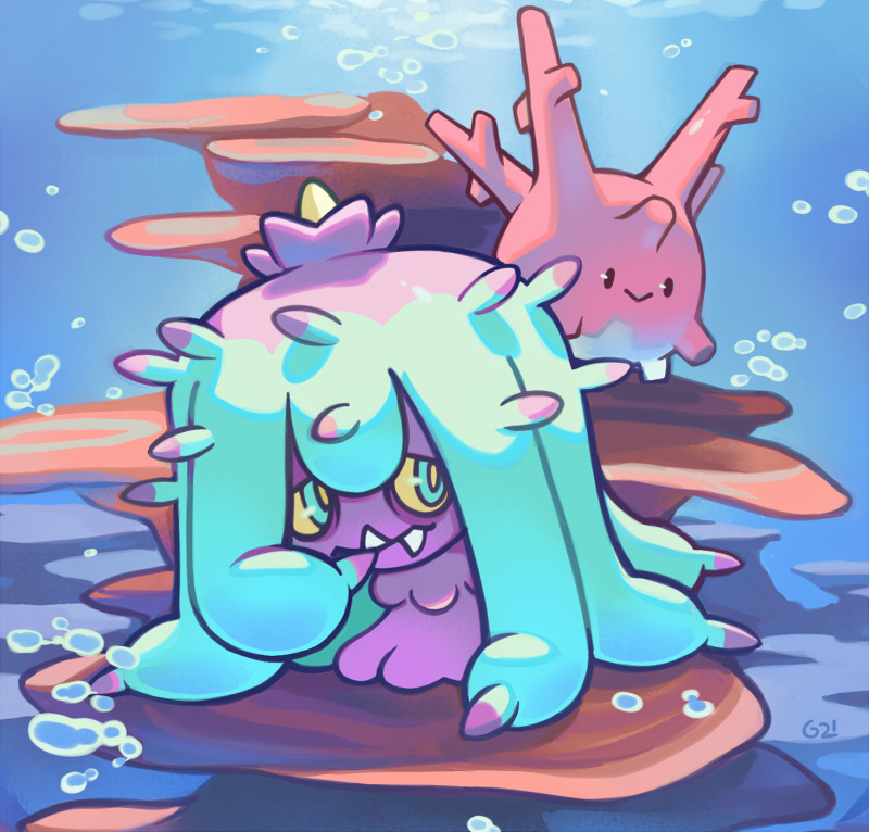 ._. black_eyes blue_eyes closed_mouth commentary corsola creature day english_commentary full_body gen_2_pokemon gen_7_pokemon mareanie no_humans pinkgermy pokemon pokemon_(creature) signature smile sunlight underwater water