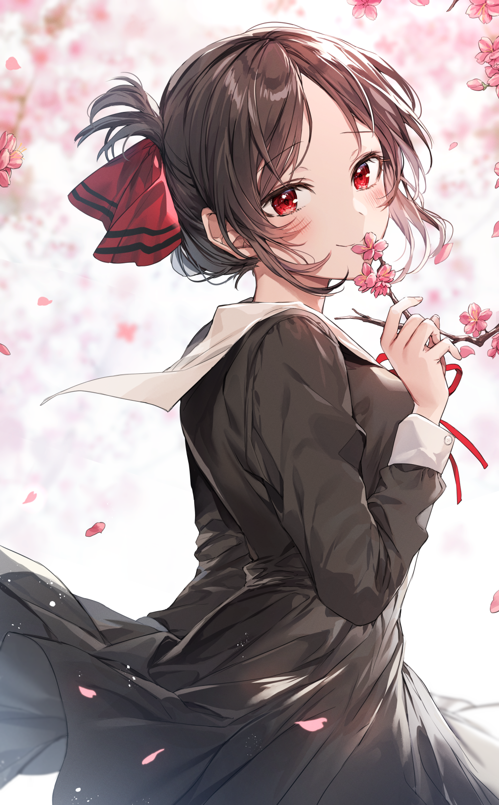 1girl bangs black_dress blurry blush breasts cherry_blossoms closed_mouth depth_of_field dress eyebrows_visible_through_hair folded_ponytail from_side hair_ribbon highres kaguya-sama_wa_kokurasetai_~tensai-tachi_no_renai_zunousen~ long_sleeves looking_at_viewer looking_to_the_side medium_breasts parted_bangs petals pillo red_eyes red_ribbon ribbon sailor_collar sailor_dress shinomiya_kaguya short_hair smile solo upper_body white_sailor_collar