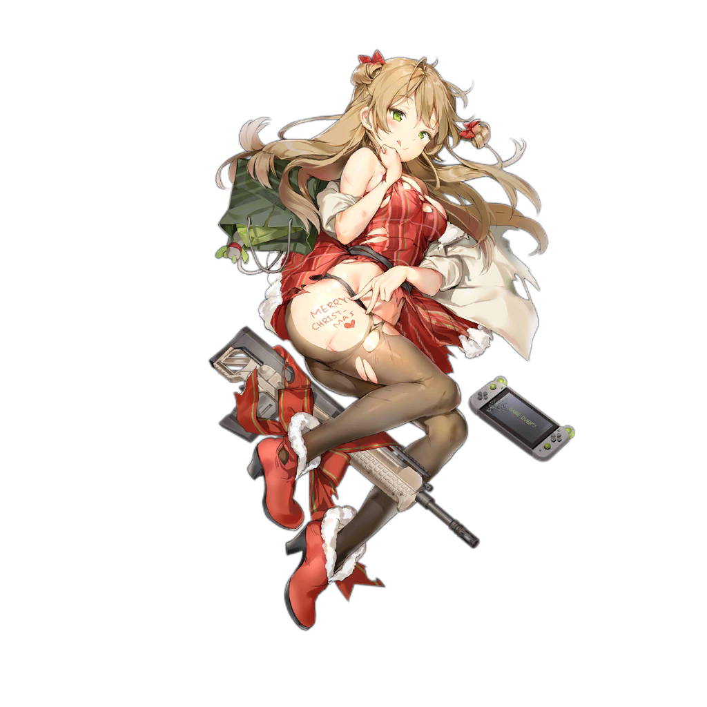 1girl :q ;&gt; alternate_costume anmi assault_rifle bag bangs bare_shoulders black_legwear black_panties blush body_writing boots bow breasts brown_hair bullpup christmas coat double_bun dress duffel_coat eyebrows_visible_through_hair full_body fur_trim girls_frontline green_eyes gun hair_bow half-closed_eyes heart high_heel_boots high_heels holding kel-tec_rfb long_hair looking_at_viewer lying medium_breasts merry_christmas nintendo_switch official_art on_side open_clothes open_coat open_mouth panties pantyhose red_bow red_dress red_footwear rfb_(girls_frontline) rifle santa_costume shopping_bag smile solo thighs tongue tongue_out torn_clothes torn_legwear transparent_background underwear weapon