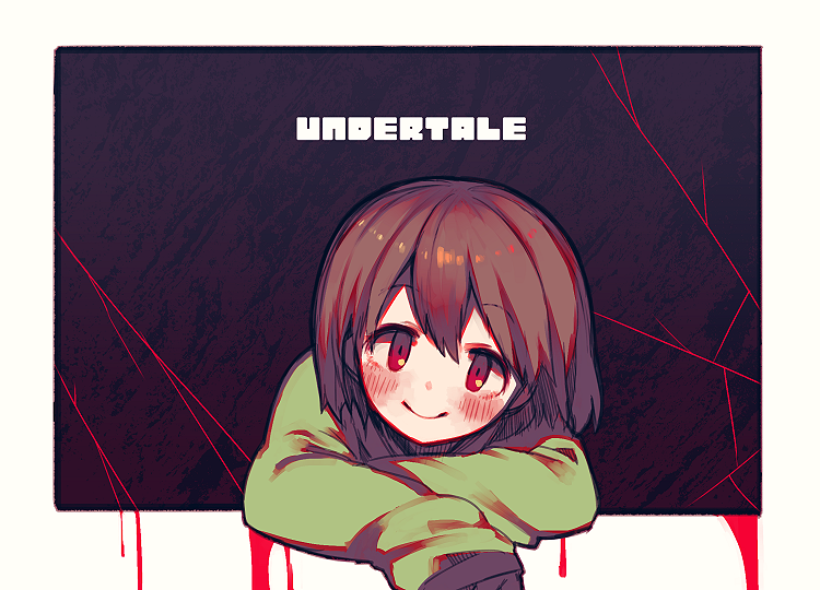 1other androgynous blood blush brown_hair chara_(undertale) closed_mouth long_sleeves looking_at_viewer oshiruko_(tsume) red_eyes shirt short_hair smile solo sweater undertale