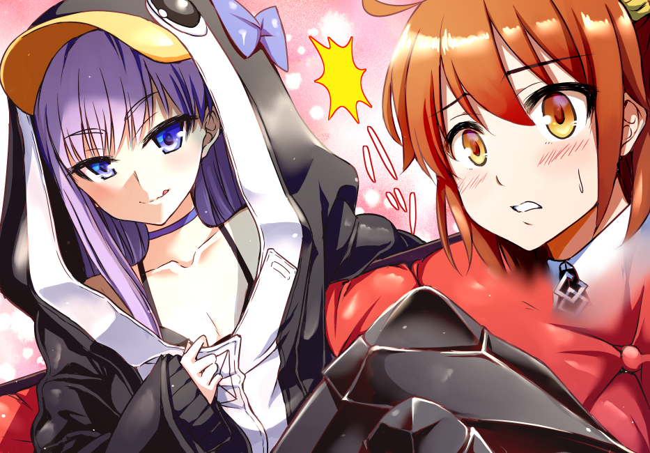 2girls ahoge animal_hood bangs bare_shoulders bikini black_bikini black_jacket blue_bow blue_eyes blush bow breasts chaldea_uniform choker closed_mouth collarbone couch crossed_legs fate/grand_order fate_(series) fujimaru_ritsuka_(female) greaves hair_ornament hair_scrunchie hood hood_up jacket licking_lips long_hair long_sleeves looking_at_viewer makishima_rin meltryllis meltryllis_(swimsuit_lancer)_(fate) multiple_girls one_side_up orange_eyes orange_hair penguin_hood prosthesis prosthetic_leg purple_hair scrunchie sitting sleeves_past_wrists small_breasts swimsuit tongue tongue_out very_long_hair