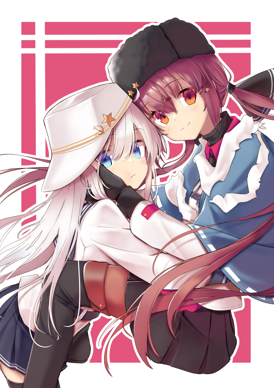 2girls black_bow black_footwear black_gloves black_headwear black_legwear black_sailor_collar black_skirt blue_eyes blue_shawl boots bow brown_eyes brown_hair brown_legwear cowboy_shot feet_out_of_frame fingerless_gloves flat_cap gloves hair_bow hammer_and_sickle hat hibiki_(kantai_collection) highres jacket kantai_collection long_hair looking_at_viewer low_twintails multiple_girls pantyhose papakha pleated_skirt red_shirt ribbon_trim sailor_collar scarf school_uniform serafuku shawl shirt silver_hair sitting skirt tashkent_(kantai_collection) tetuw thigh-highs thigh_boots torn_scarf twintails two-tone_background untucked_shirt verniy_(kantai_collection) white_jacket white_scarf