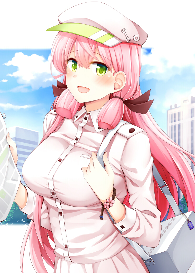 1girl :d akashi_(kantai_collection) bag bag_charm blue_sky blush breasts brown_ribbon casual charm_(object) clouds collared_shirt commentary_request day flat_cap flower green_eyes hair_ribbon hat hat_ornament holding kantai_collection long_hair long_sleeves medium_breasts open_mouth outdoors outside_border pink_flower pink_hair ribbon rui_shi_(rayze_ray) shirt shoulder_bag sky smile solo straight_hair tress_ribbon upper_body very_long_hair white_headwear white_shirt wrench wristband