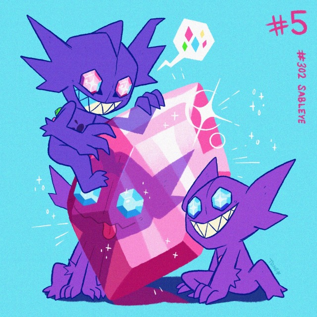 blue_background character_name commentary creature english_commentary full_body gem gen_3_pokemon grin inktober mega_pokemon mega_sableye no_humans number pokemon pokemon_(creature) pokemon_number sableye simple_background smile sparkle tonestarr