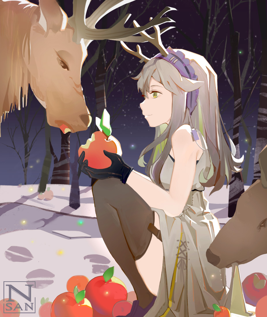 1girl animal antlers apple arknights artist_name bangs bare_arms bare_shoulders bare_tree black_gloves black_legwear dress elk firewatch_(arknights) food fruit garter_straps gloves grey_dress grey_eyes grey_hair hairband holding holding_food holding_fruit knees_up long_hair nnnnnnnnsan purple_hairband sitting sleeveless sleeveless_dress smile snow thigh-highs tree