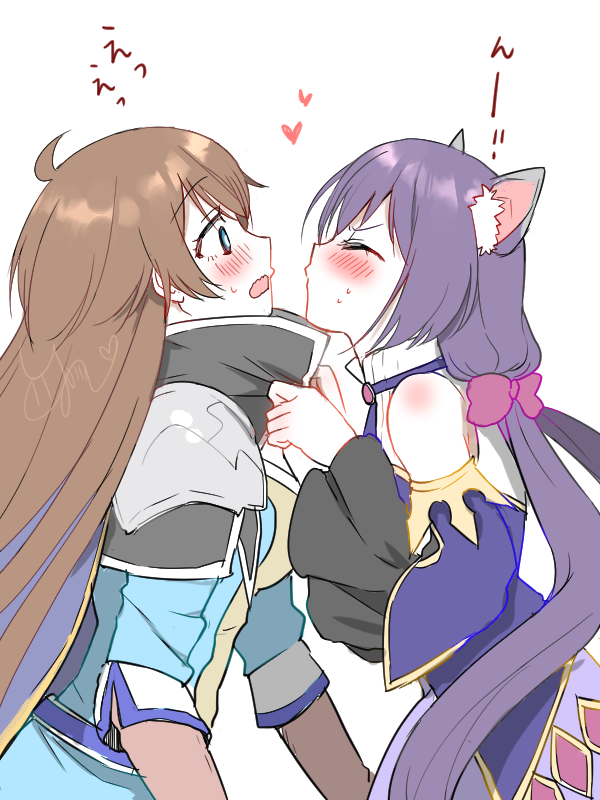 animal_ears artist_request blue_eyes blush brown_hair cape cat_ears cat_girl closed_eyes collar_grab dress genderswap genderswap_(mtf) gloves imminent_kiss kyaru_(princess_connect) long_hair princess_connect! princess_connect!_re:dive purple_hair shoulder_armor sleeveless sleeveless_dress yuri yuuki_(princess_connect)