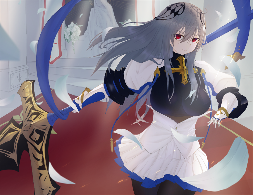 1girl azur_lane blue_ribbon breastplate breasts corset diamond_(shape) eyebrows_visible_through_hair fleur_de_lis gauntlets grey_hair hair_between_eyes hair_ornament holding holding_polearm holding_spear holding_weapon long_hair looking_at_viewer medium_breasts pleated_skirt polearm polearm_behind_back red_eyes ribbon saint-louis_(azur_lane) shigma skirt solo spear unitard weapon white_corset white_petals white_skirt