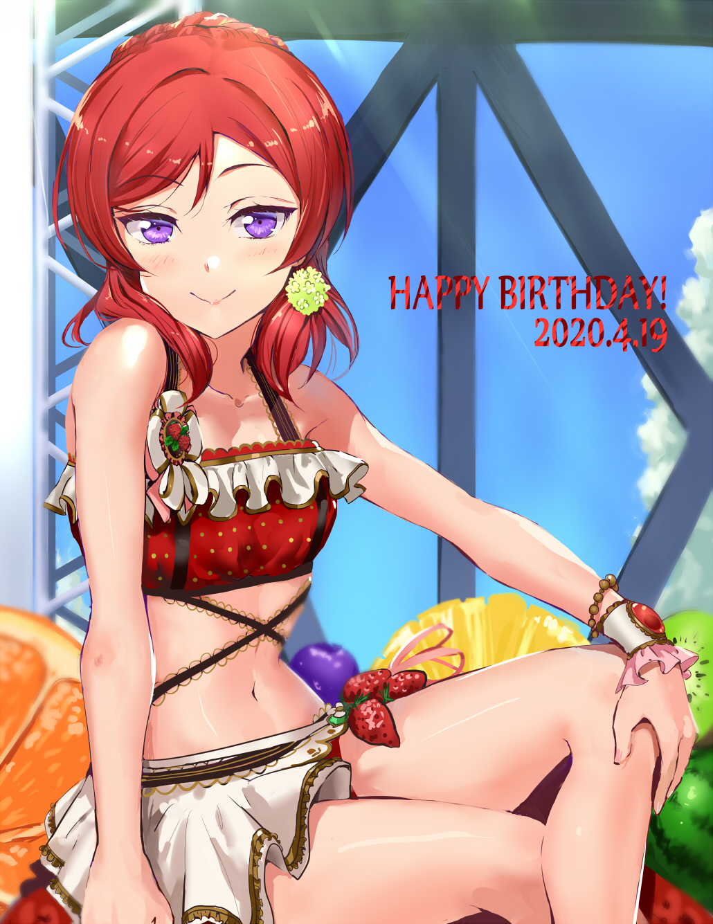 2020 bangs bikini blue_sky breasts cinderella_bust closed_mouth clouds collarbone dated day eyebrows_visible_through_hair hair_between_eyes hair_ornament happy_birthday highres jyon long_hair looking_at_viewer love_live! love_live!_school_idol_project navel nishikino_maki outdoors red_bikini redhead sarong shiny shiny_hair shiny_skin sky small_breasts smile sunlight swept_bangs swimsuit violet_eyes wrist_cuffs