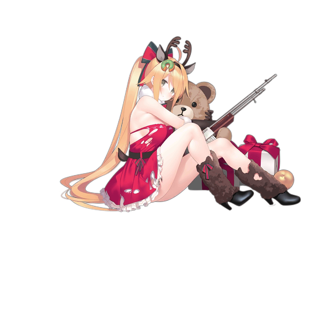 1girl alternate_costume animal_ears antlers bare_legs bare_shoulders bell black_footwear black_gloves blonde_hair blush boots breasts christmas detached_collar doughnut doughnut_hair_ornament dress food food_themed_hair_ornament frills from_side full_body fur_trim girls_frontline gloves grey_eyes gun hair_ornament high_heel_boots high_heels jingle_bell large_breasts leg_warmers long_hair looking_at_viewer m1918_bar m1918_bar_(girls_frontline) machine_gun merry_christmas object_hug official_art open_mouth red_dress reindeer_ears short_dress sidelocks sitting solo stuffed_animal stuffed_toy suisai teddy_bear torn_clothes torn_dress transparent_background very_long_hair weapon