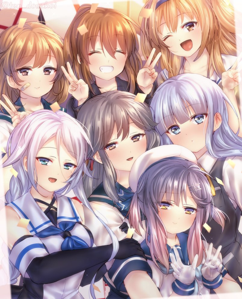 6+girls :d ;d ^_^ bandaid bandaid_on_face black_gloves black_serafuku black_vest blue_eyes blue_hair blue_neckwear blush brown_eyes brown_hair closed_eyes commentary_request double_v elbow_gloves eyebrows_visible_through_hair facing_viewer fumizuki_(kantai_collection) gloves gradient_hair grey_hair hair_ribbon hat hatsukaze_(kantai_collection) hime_cut i-26_(kantai_collection) juurouta kantai_collection light_brown_hair long_hair mole mole_under_eye multicolored_hair multiple_girls neckerchief oboro_(kantai_collection) one_eye_closed open_mouth ponytail purple_hair ribbon sailor_collar sailor_hat school_uniform serafuku shirt short_hair short_sleeves silver_hair sleeveless sleeveless_shirt smile tsushima_(kantai_collection) two_side_up umikaze_(kantai_collection) usugumo_(kantai_collection) v vest violet_eyes white_gloves white_shirt