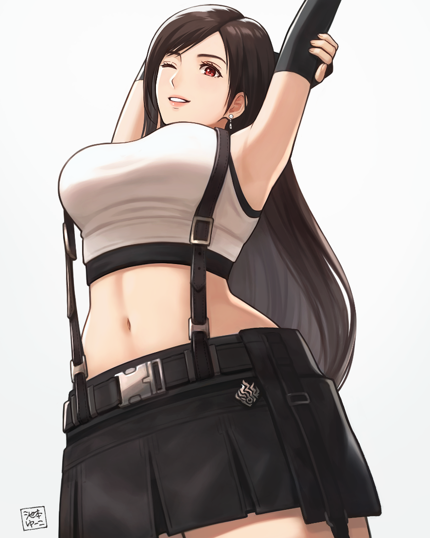 1girl ;) black_hair breasts crop_top earrings final_fantasy final_fantasy_vii final_fantasy_vii_remake fingerless_gloves gloves jewelry large_breasts long_hair looking_at_viewer navel one_eye_closed open_mouth red_eyes sidelocks simple_background skirt smile solo stretch suspender_skirt suspenders tank_top tifa_lockhart white_background white_tank_top yuko666