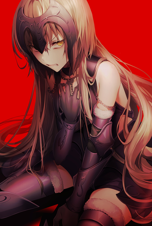 angry bare_shoulders blonde_hair boots chain clenched_teeth cowter fate/grand_order fate_(series) fur_trim gauntlets gorget headpiece jeanne_d'arc_(alter)_(fate) jeanne_d'arc_(fate)_(all) kneeling long_hair looking_at_viewer pale_skin red_background teeth thigh-highs thigh_boots yellow_eyes yunohito