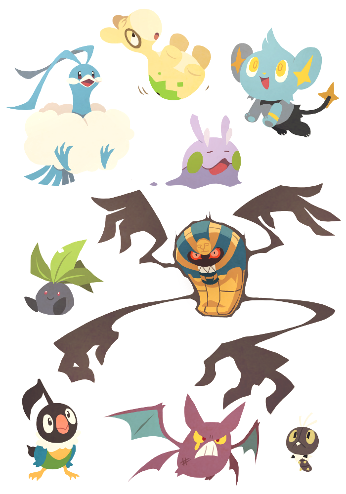 altaria bird black_eyes chatot closed_mouth cofagrigus creature crobat evil_grin evil_smile flying gen_1_pokemon gen_2_pokemon gen_3_pokemon gen_4_pokemon gen_5_pokemon gen_6_pokemon goomy grin jumping looking_at_viewer no_humans numel oddish pokemon pokemon_(creature) red_eyes scatterbug shinx simple_background sitting smile standing tia_(iris-sempi) white_background yellow_eyes