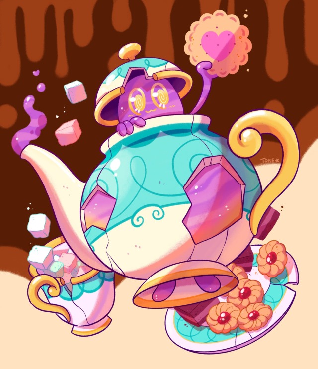 cake commentary cookie creature cup english_commentary food full_body gen_8_pokemon heart holding holding_food no_humans pokemon pokemon_(creature) polteageist saucer teacup teapot tonestarr