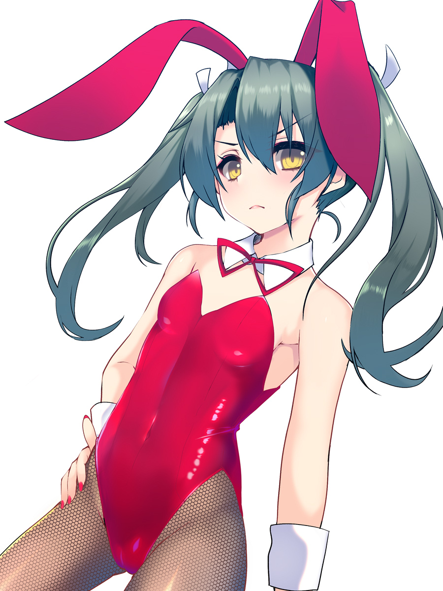 1girl alternate_costume animal_ears bangs bare_shoulders blush bow bowtie breasts bunny_girl bunny_tail bunnysuit commentary covered_navel detached_collar eyebrows_visible_through_hair fake_animal_ears fishnet_legwear fishnets groin hand_on_hip highres kantai_collection leotard long_hair looking_at_viewer nail_polish okuri_banto pantyhose rabbit_ears red_leotard simple_background solo strapless strapless_leotard tail white_background wrist_cuffs zuikaku_(kantai_collection)