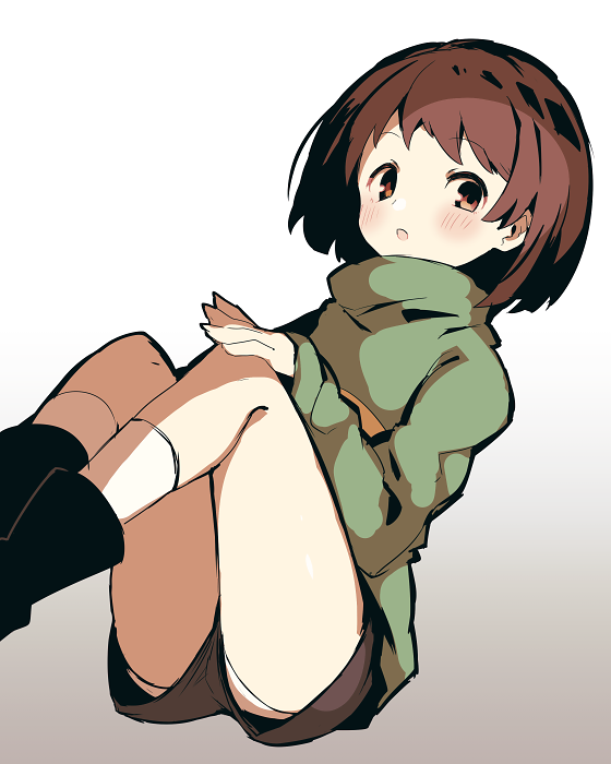 androgynous blush brown_hair chara_(undertale) looking_at_viewer open_mouth oshiruko_(tsume) red_eyes shirt short_hair shorts simple_background solo striped striped_shirt striped_sweater sweater undertale