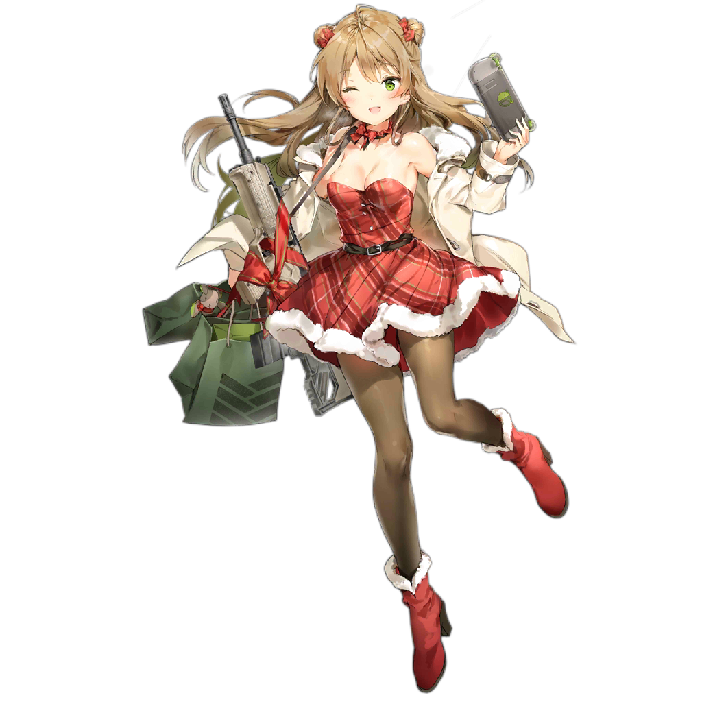 1girl ;d alternate_costume anmi assault_rifle bag bangs bare_shoulders black_legwear blush boots bow breasts brown_hair bullpup christmas coat double_bun dress duffel_coat eyebrows_visible_through_hair full_body fur_trim girls_frontline green_eyes gun hair_bow high_heel_boots high_heels holding kel-tec_rfb long_hair looking_at_viewer medium_breasts nintendo_switch official_art one_eye_closed open_clothes open_coat open_mouth pantyhose red_bow red_dress red_footwear rfb_(girls_frontline) rifle santa_costume shopping_bag smile solo standing standing_on_one_leg thighs transparent_background weapon