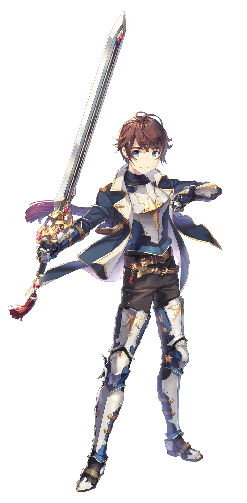 1boy armor belt black_pants blue_eyes brown_hair gauntlets greaves h2so4 highres holding holding_sword holding_weapon male_focus original pants simple_background solo standing sword tachi-e weapon