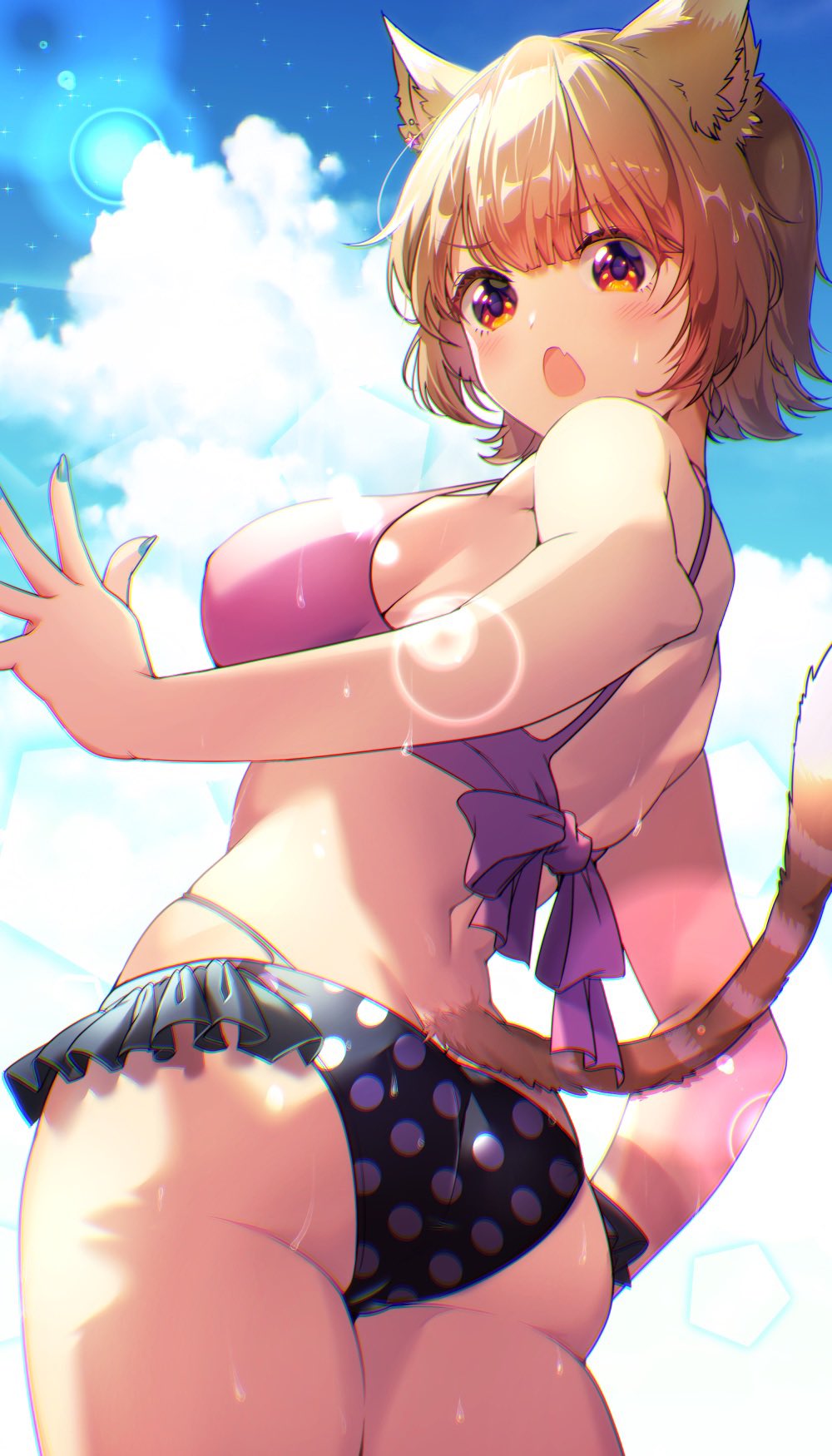 ! 1girl :o animal_ears ass bare_arms bare_shoulders bikini black_bikini blue_nails breasts brown_hair clouds cowboy_shot fang fujiya_takao highres large_breasts looking_at_viewer mismatched_bikini multi-strapped_bikini nail_polish open_mouth original polka_dot polka_dot_bikini purple_bikini red_eyes revision short_hair solo spoken_exclamation_mark strap_gap swimsuit tail thighs tiger_ears tiger_girl tiger_tail