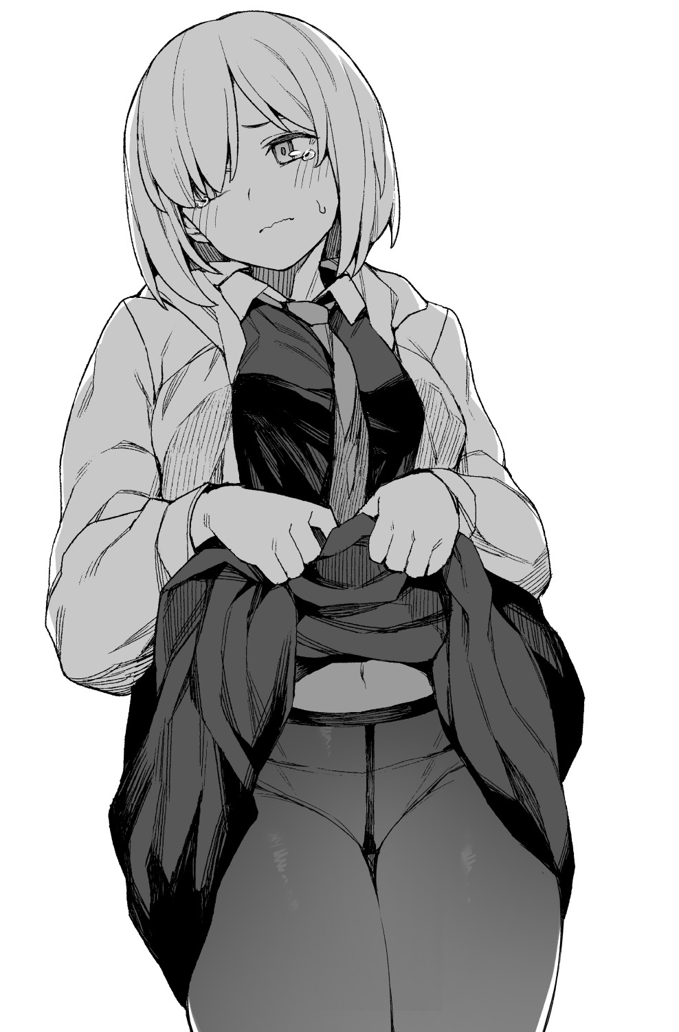 1girl bangs black_dress black_legwear blush breasts crotch_seam dress dress_lift fate/grand_order fate_(series) frown grey_jacket greyscale hair_over_one_eye highres jacket jp06 large_breasts lifted_by_self long_hair mash_kyrielight monochrome navel panties panties_under_pantyhose pantyhose short_hair simple_background solo tearing_up underwear white_background white_jacket