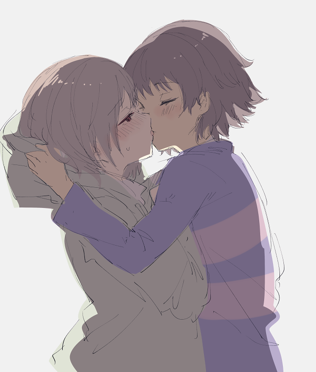 2others 8-4 androgynous blush brown_hair chara_(undertale) closed_eyes frisk_(undertale) hood hoodie kiss multiple_others oshiruko_(tsume) queer shirt short_hair simple_background sketch striped striped_shirt striped_sweater sweater toby_fox_(publisher) underswap undertale