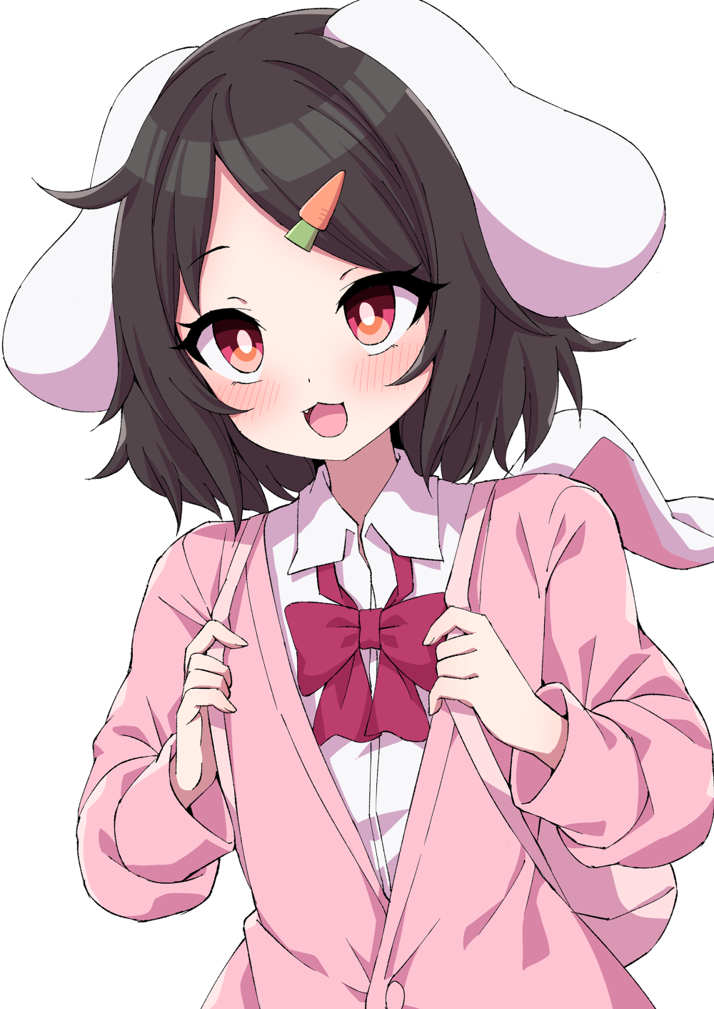 1girl :3 alternate_costume animal_ears backpack bag black_hair blush bow bowtie cardigan carrot_hair_ornament commentary_request contemporary fang food_themed_hair_ornament hair_ornament highres inaba_tewi looking_at_viewer medium_hair open_mouth rabbit_ears red_eyes red_neckwear shirt simple_background smile solo touhou tsukimirin upper_body white_background white_shirt