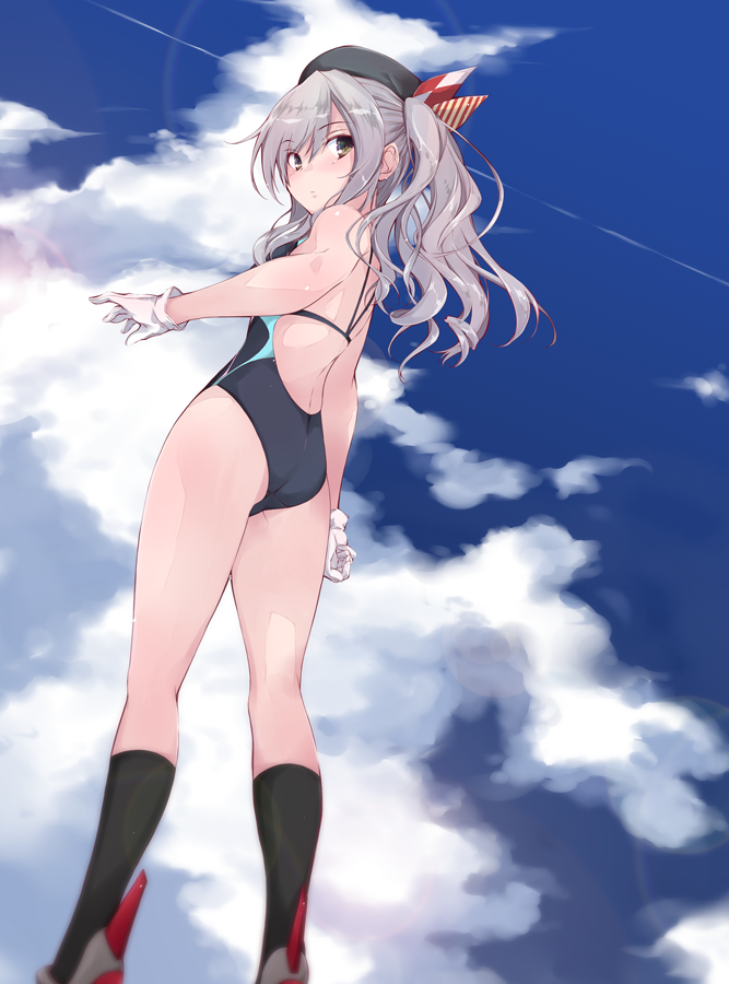 1girl black_legwear blue_eyes blue_sky clouds competition_swimsuit from_behind from_below gloves grey_eyes kantai_collection kashima_(kantai_collection) kneehighs looking_at_viewer looking_back one-piece_swimsuit rudder_footwear silver_hair sky smokestack solo standing swimsuit twintails wavy_hair white_gloves yumesato_makura