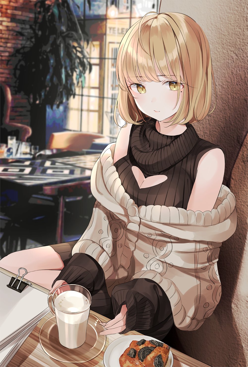 1girl against_wall aran_sweater bangs blonde_hair bob_cut chair character_request cleavage_cutout copyright_request cup detached_sleeves dress drinking_glass food heart_cutout highres indoors layered_clothing light_smile long_sleeves looking_at_viewer meme_attire milk mole mole_under_eye nabi_(uz02) off_shoulder open-chest_sweater paper paperclip ribbed_sweater saucer sitting sleeveless_sweater sleeves_past_wrists solo sweater sweater_dress table turtleneck turtleneck_sweater yellow_eyes