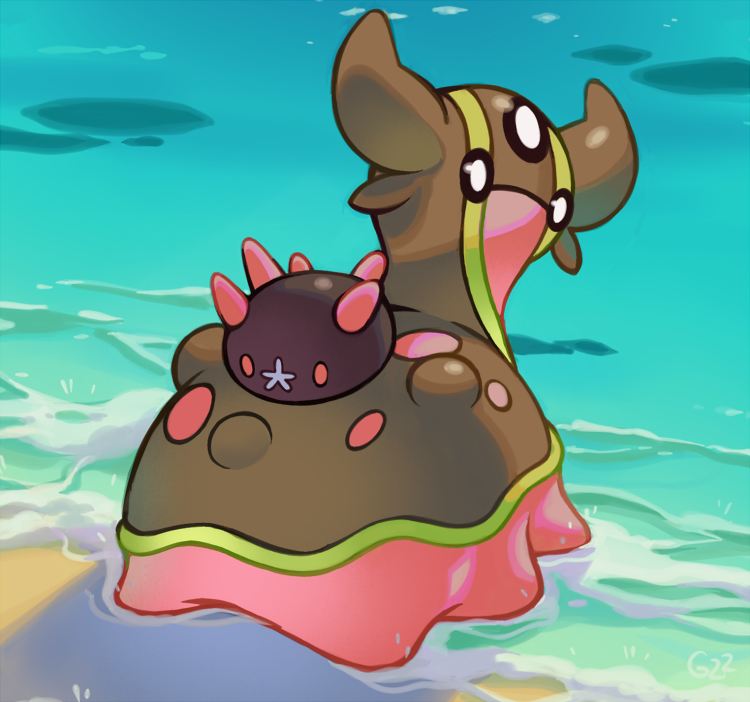 beach blank_eyes commentary creature english_commentary full_body gastrodon gastrodon_(west) gen_4_pokemon gen_7_pokemon looking_at_viewer looking_back no_humans ocean outdoors pinkgermy pokemon pokemon_(creature) pyukumuku shadow water