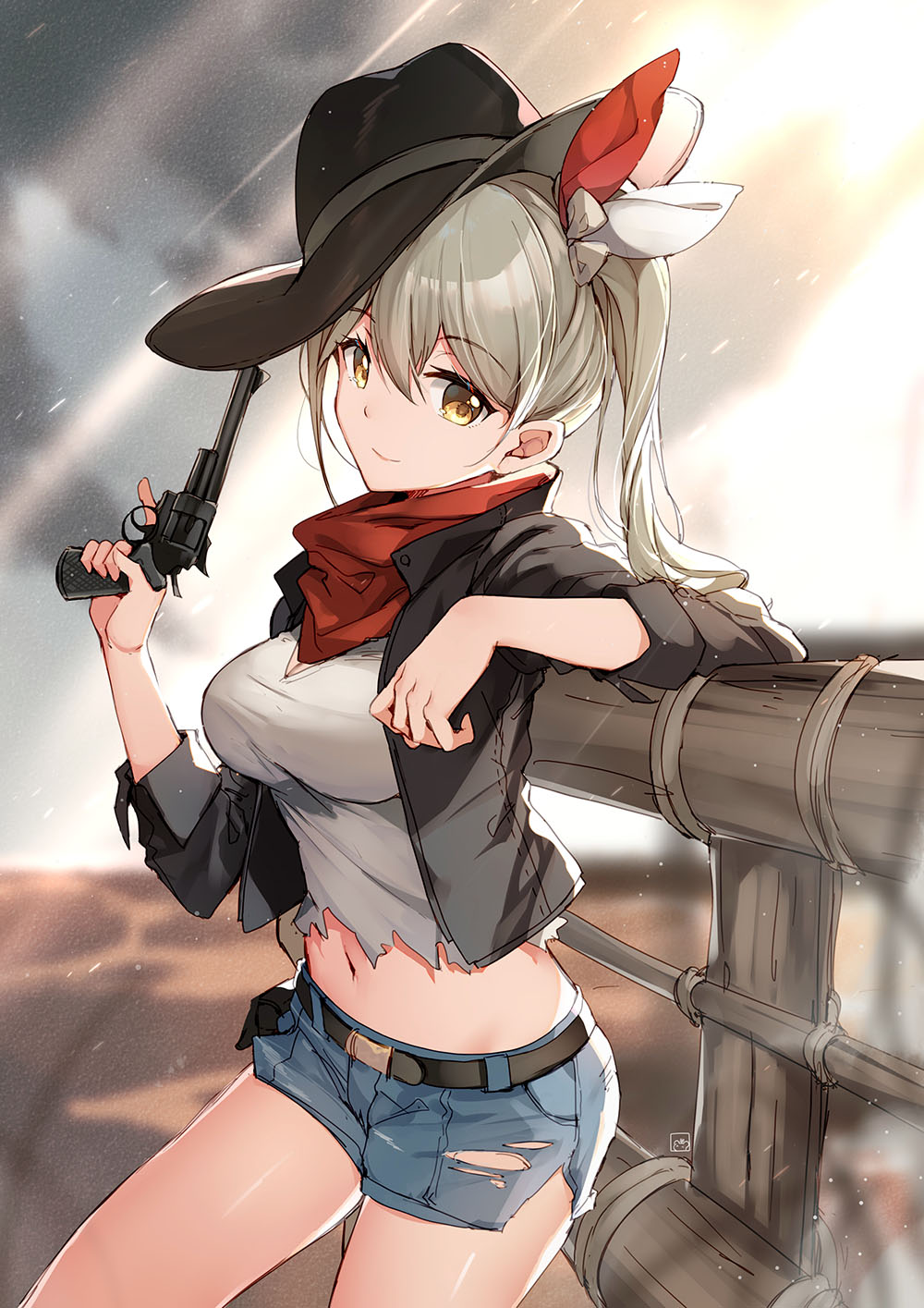 1girl aki_rinco bandana belt bison_cangshu black_headwear black_jacket blue_shorts breasts copyright_request cowboy_hat cowboy_shot crop_top cropped_jacket denim denim_shorts grey_hair grey_shirt gun hair_ribbon hand_up handgun hat highres holding holding_gun holding_weapon jacket large_breasts long_hair long_sleeves looking_at_viewer midriff navel open_clothes open_jacket pistol pouch revolver ribbon shirt short_shorts shorts smile solo standing stomach thighs torn_clothes torn_shirt torn_shorts trigger_discipline twintails virtual_youtuber weapon yellow_eyes